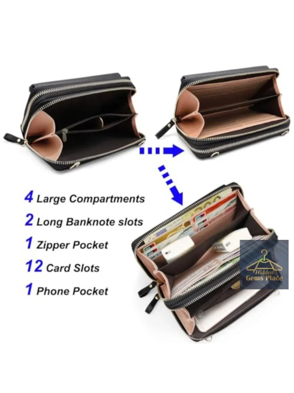 Leather Wallet Crossbody Bag Double Zipper Phone Purse Shoulder Strap